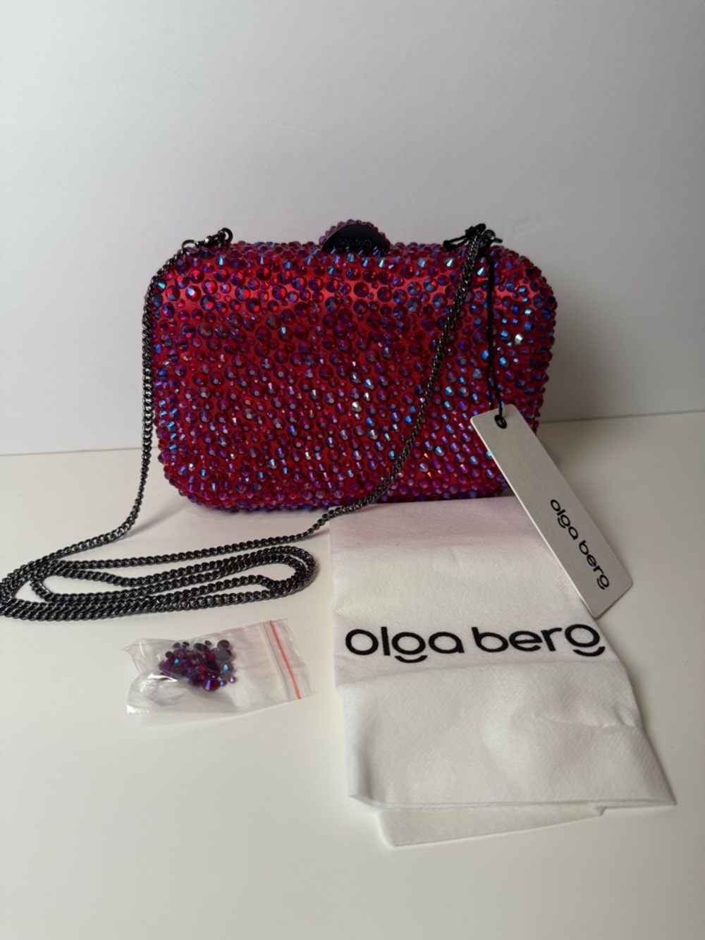 Olga Berg Casey Fuchsia Clutch Handbag with Metal Chain- NWT